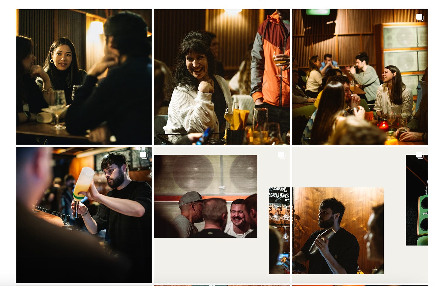 A screen grab of Fidelity's Insta page. Each photo contributes to an overall vibe of the bar: people laughing, bar staff pouring drinks and making cocktails, impressive looking speakers hung in the wood panelled walls. 