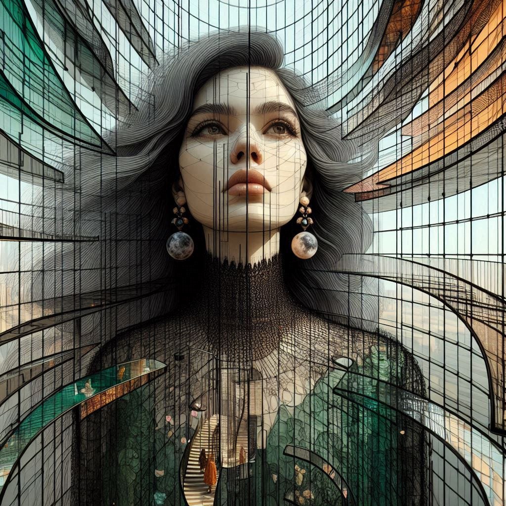 inside glass structure; 5d angle glass embedded Altgeld hall building/ close up of womans face; in front of  Altgeld hall in olive, chartrues, sequence dress /collar made of black water in resin/long black hair falling into her face. coral orange, pink, cream, olive address/earrings made of moons aglow/ reverberating waves. black hole in floor/ water in resin verdigris./ standing on stage/ In the style of Michael Parkes. black etching/ black linework/ white tiger / black sky 