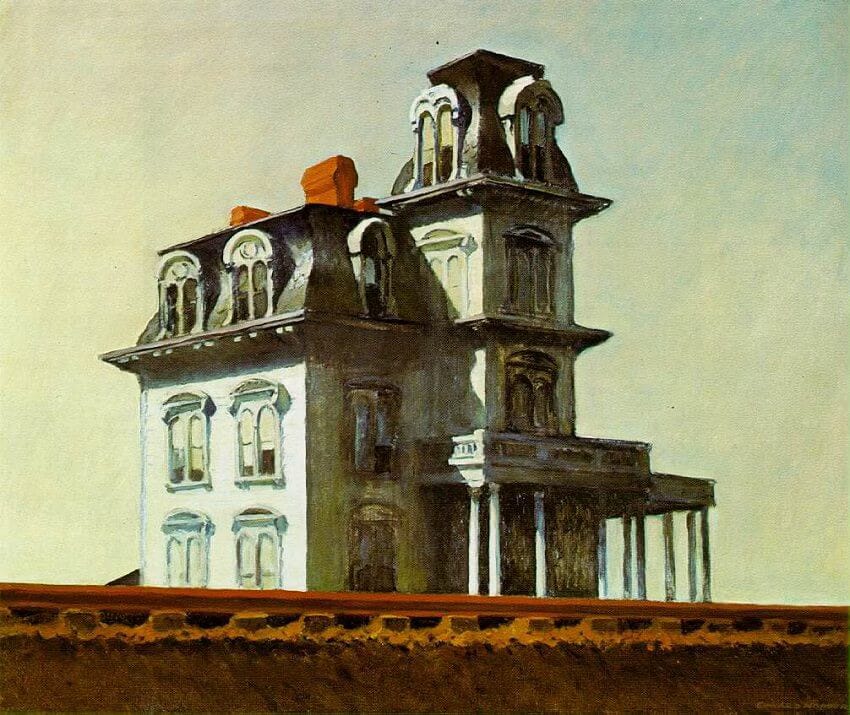 a painting of a house residing next to a railroad