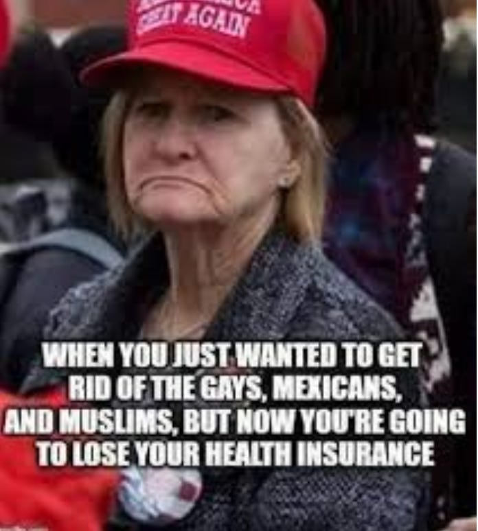 Woman wearing red MAGA hat with what looks like a lack of teeth has a sad expression. Caption: When you just wanted to get rid of the gays, Mexicans and Muslims, but now you're going to  lose your health insurance.