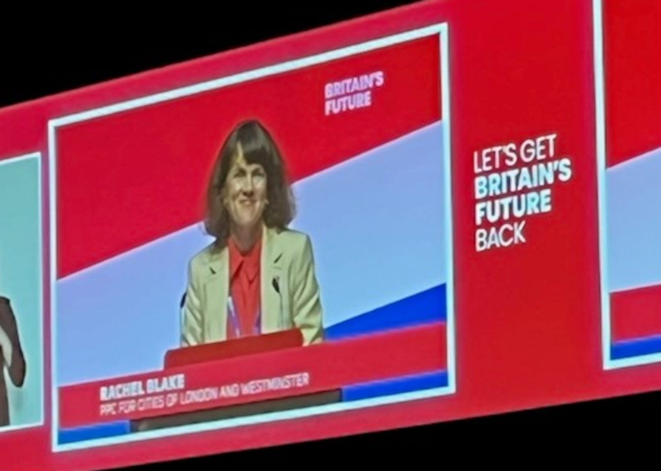 Rachel Blake image on a big screen at Labour conference.