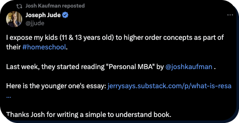 Tweet of woman claiming her children are reading The Personal MBA