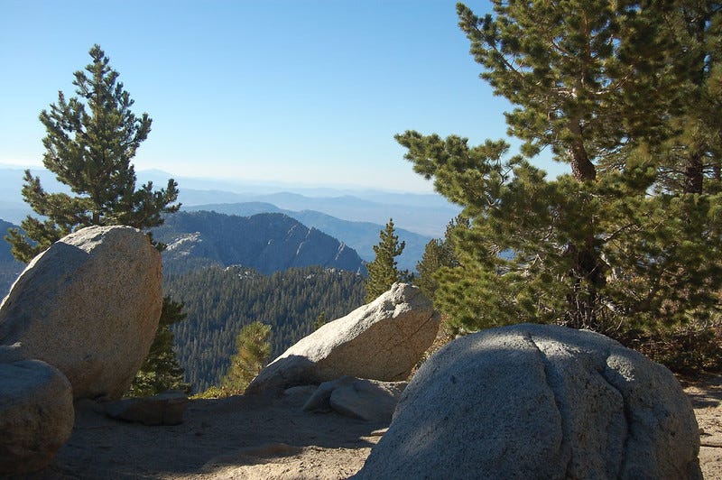 Photo of rocks, trees, and distant mountains on Mt. San Jacinto in California