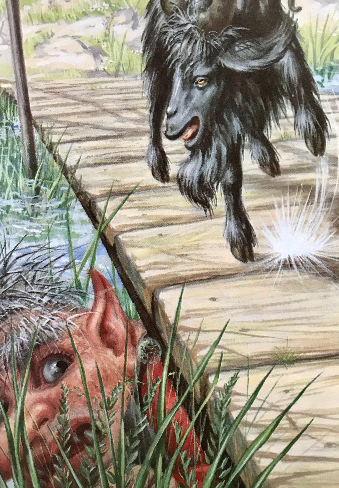 Robert Lumley’s artwork for Ladybird book’s version of The Three Billy Goats Gruff Troll now looks fearful of black goat over his bridge