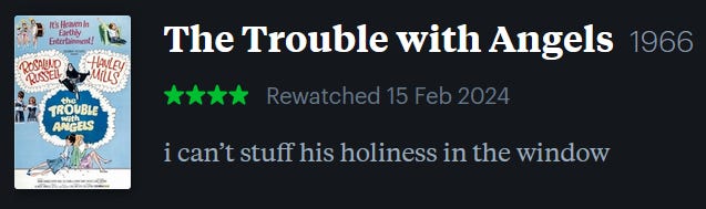 screenshot of LetterBoxd review of The Trouble with Angels, watched February 15, 2024: i can’t stuff his holiness in the window