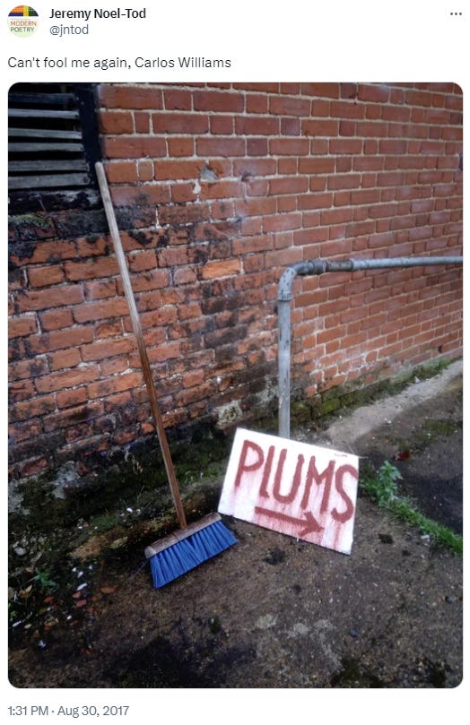 A tweet featuring a hand-painted sign that says PLUMS with an arrow underneath. Caption: 'Can't fool me again, Carlos Williams'