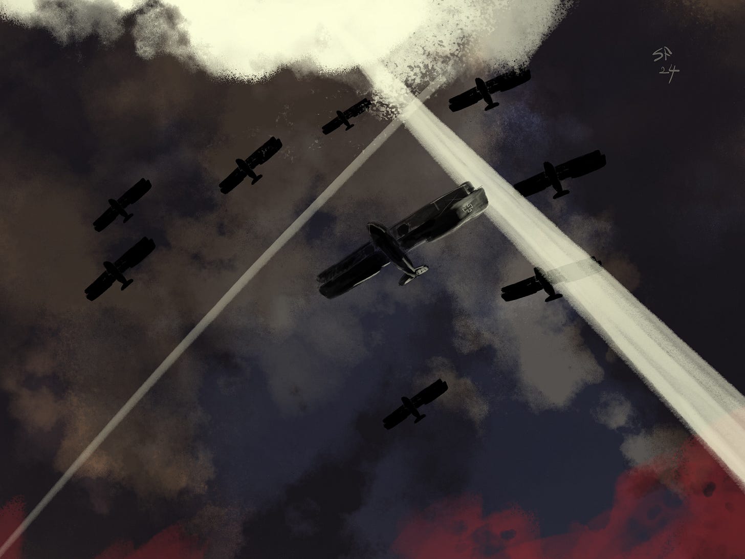 Charcoal and chalk sketch: World War 1 German Gotha bombers from below in a night sky pierced by searchlights, smoke and hint of flames on ground