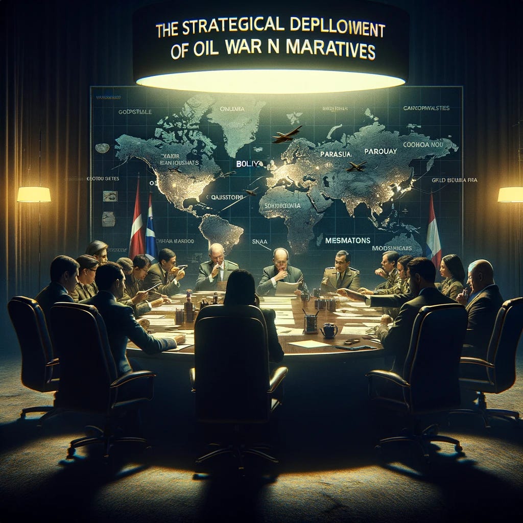 A conceptual illustration showing the strategic deployment of oil war narratives. The scene depicts a dark, moody conference room where a group of government officials and opposition leaders from Bolivia and Paraguay are gathered around a large table. They are intensely discussing, with maps and documents scattered around. The atmosphere is tense and secretive, as they strategize over the deployment of narratives to serve their interests, emphasizing the geopolitical stakes and misinformation. The room is dimly lit to enhance the secretive, manipulative mood of the meeting.