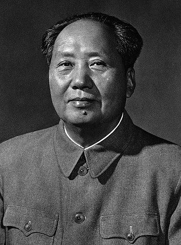 Black and white photograph of Mao Zedong, torso upwards