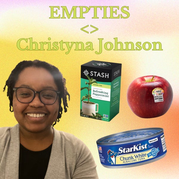 Headshot of Christyna Johnson, a box of tea, tinned fish, and an apple on a gradient background