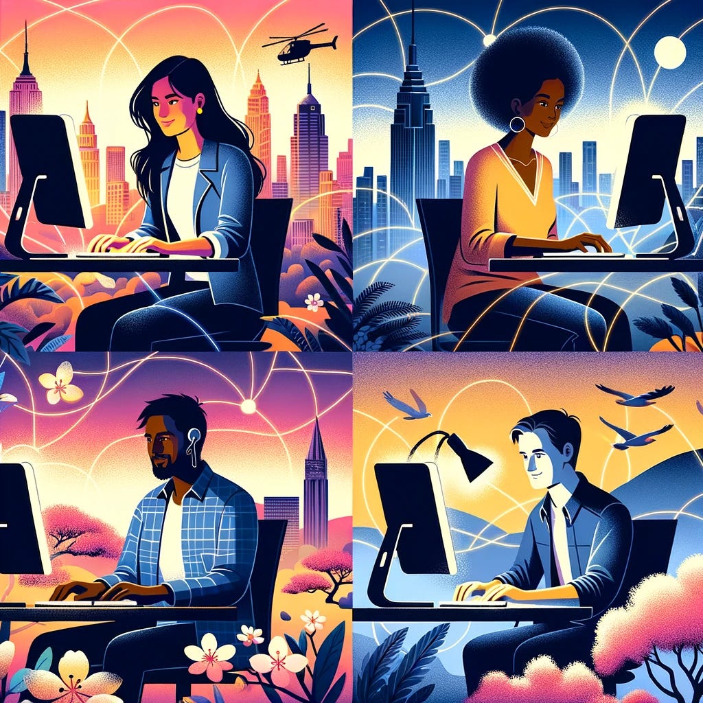 Illustration of a diverse group of four people: a Latinx woman in a bustling city setting, an African man in a savannah environment, an Asian woman amidst cherry blossom trees, and a European man in a mountainous region. Each individual is seated at a workstation, engrossed in their tasks. A luminous web of interconnected lines links them all, emphasizing their virtual collaboration from different parts of the Earth.