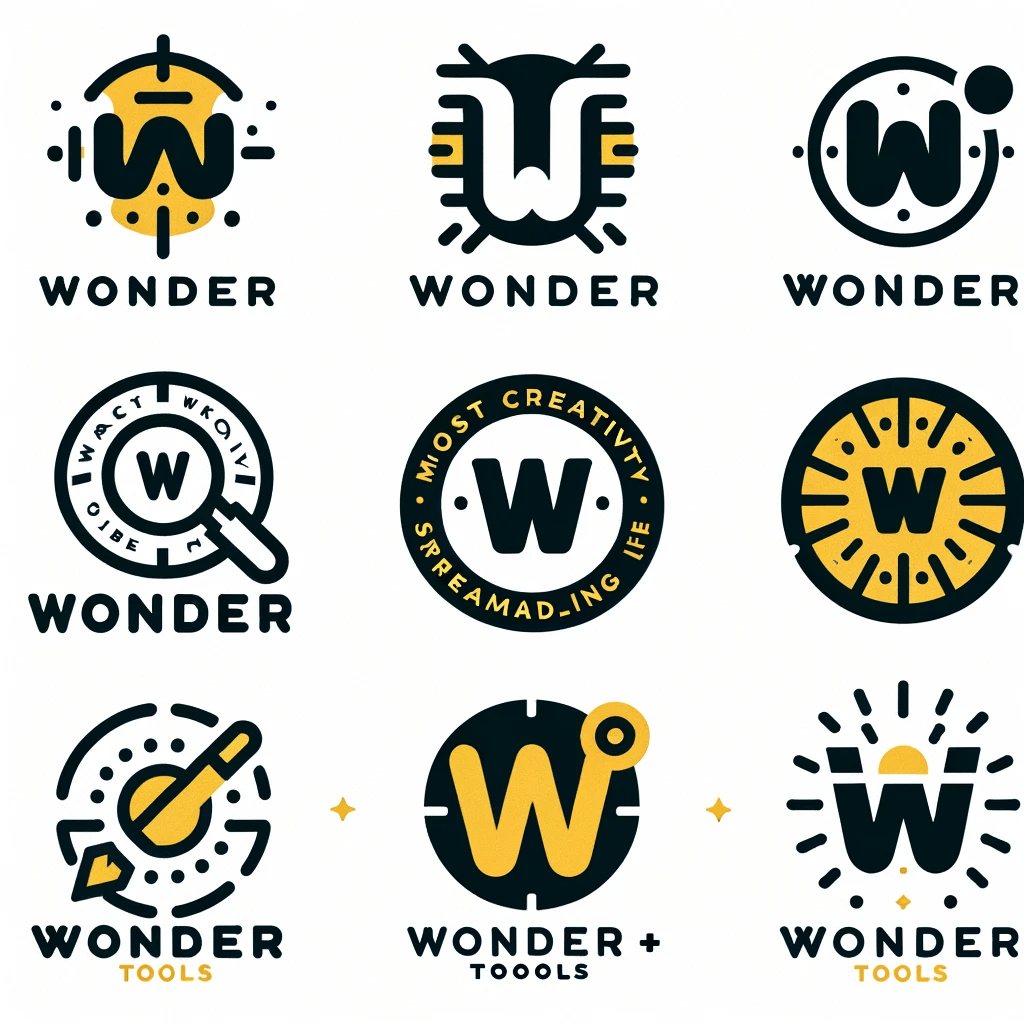 Various yellow and black logos for Wonder Tools created by the Logo Creator Custom GPT 