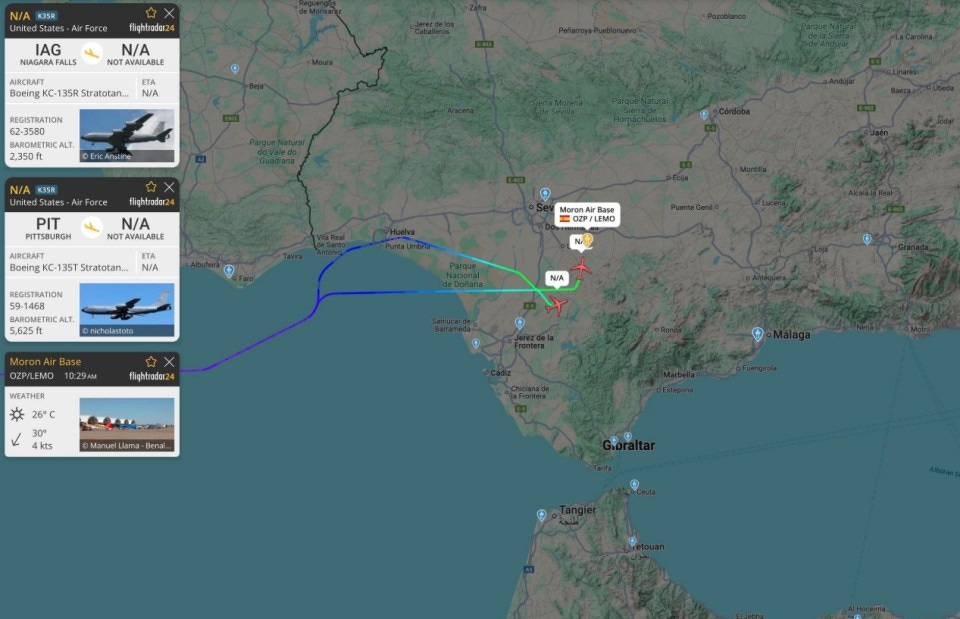 Map showing the flight paths of two US Air Force aircraft over Spain.
