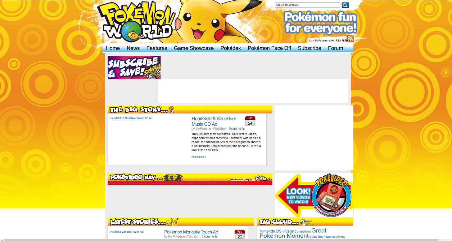 The Pokémon World website from February 2010