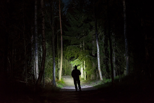 Man Standing In Dark Forest At Night With Flashlight And Hoodie On Head  Stock Photo - Download Image Now - iStock