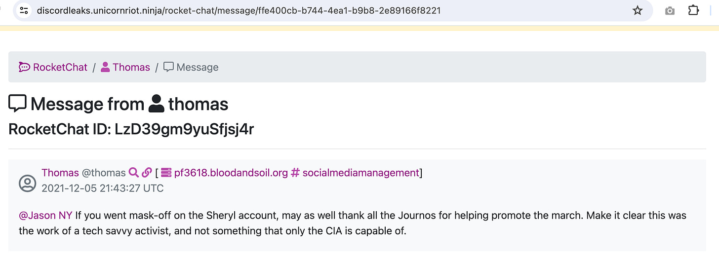 leaked Patriot front chat message: "If you went mask-off on the Sheryl account, may as well thank all the Journos for helping promote the march. Make it clear this was the work of a tech savvy activist, and not something that only the CIA is capable of."