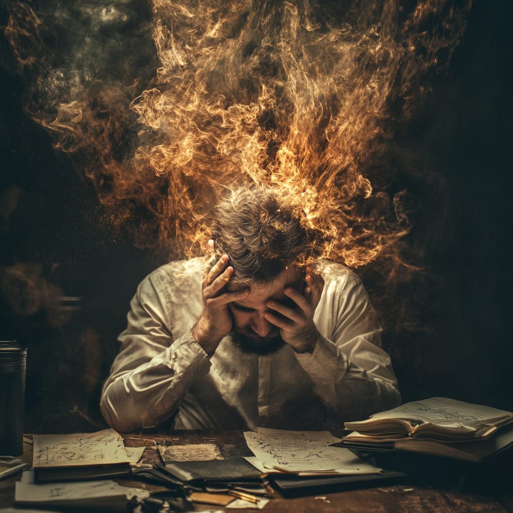 A male writer coverd in flames as he works on a manuscript.