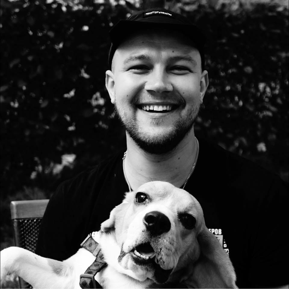 May be a black-and-white image of 1 person and dog