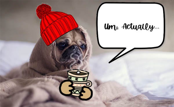 a photoshop image of a pug in a blanket with added cartoon beanie and fake paws holding a mug of cocoa. a speech bubble says Um, actually...