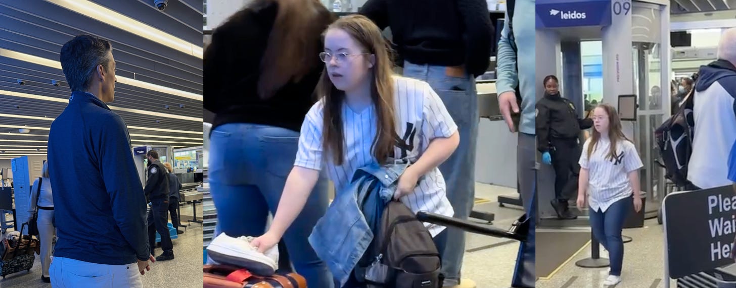 Collage of photos of Penny navigating airport security, and Peter watching attentively from afar