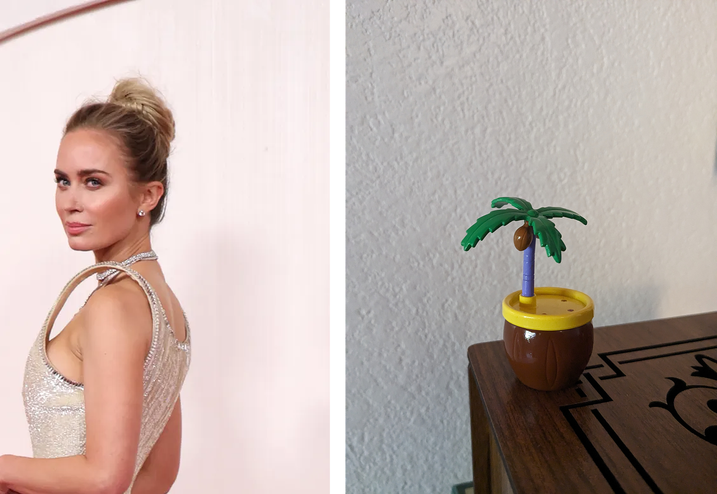 Left: Emily Blunt in a very architectural beige dress. Right: A round plastic kiosk with a palm tree sticking out of it.