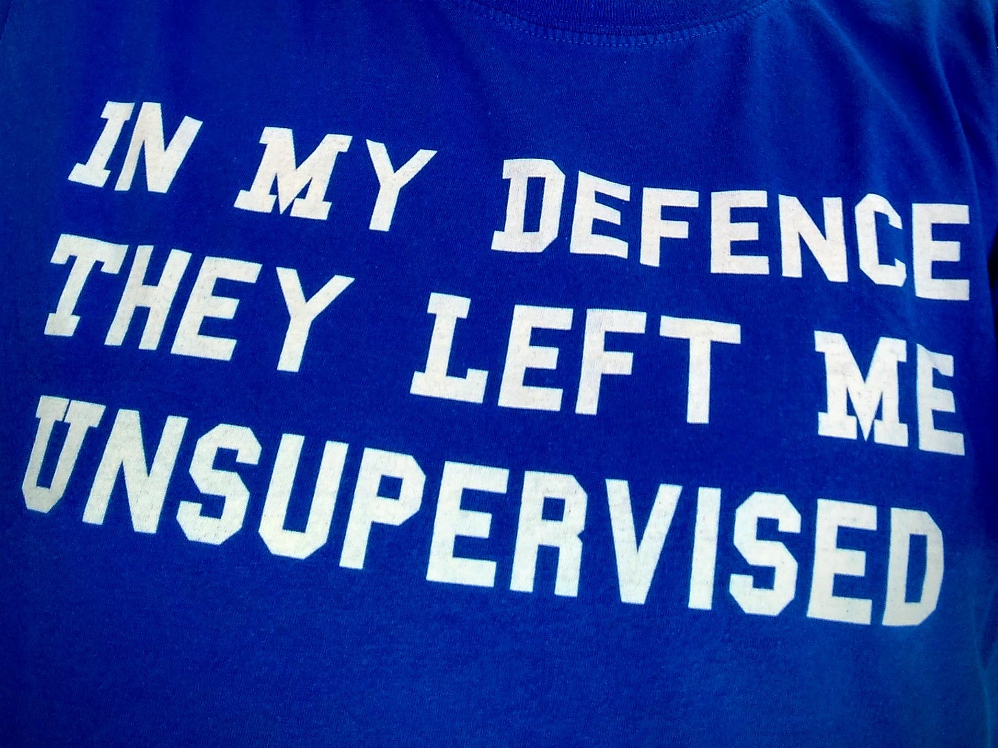A wrinkled mid-section of a dark blue t-shirt with white capitalised text, stating "In my defence, they left me unsupervised."
