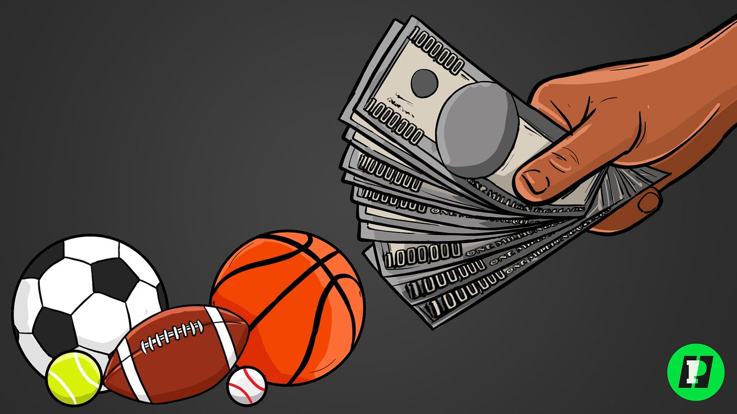 money in hand headed toward sports balls 