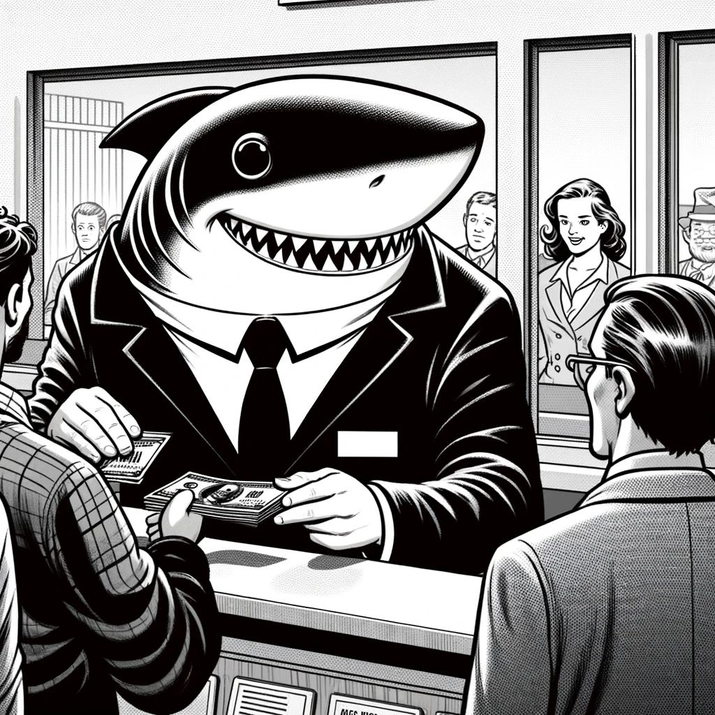 A black and white cartoon illustration of a shark, anthropomorphized with a friendly, business-like demeanor, wearing a suit and tie. The shark stands behind a bank counter, handing out money to a diverse group of people in line. In this version, ensure the shark is fully visible, including its dorsal fin, as it faces the opposite direction from the viewer, interacting with the customers. The setting remains in a classic comic style, maintaining a light-hearted and humorous take on financial interactions.