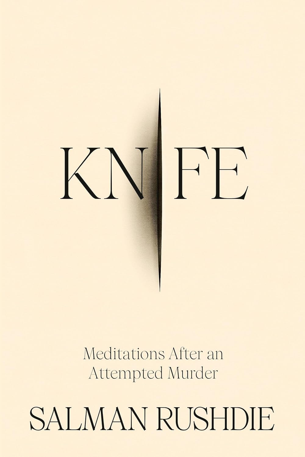 The cover of Knife, which has an ecru background and the i in the world knife is replaced by a cut rupture. 