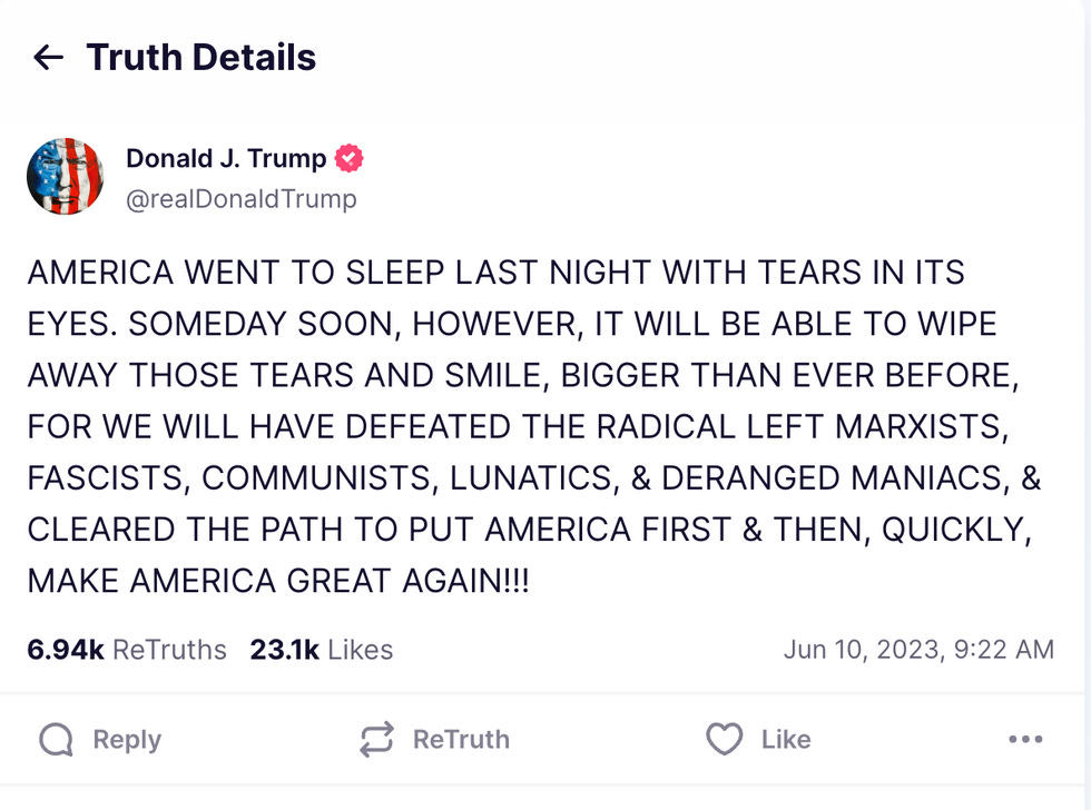 AMERICA WENT TO SLEEP LAST NIGHT WITH TEARS IN ITS EYES. SOMEDAY SOON, HOWEVER, IT WILL BE ABLE TO WIPE AWAY THOSE TEARS AND SMILE, BIGGER THAN EVER BEFORE, FOR WE WILL HAVE DEFEATED THE RADICAL LEFT MARXISTS, FASCISTS, COMMUNISTS, LUNATICS, & DERANGED MANIACS, & CLEARED THE PATH TO PUT AMERICA FIRST & THEN, QUICKLY, MAKE AMERICA GREAT AGAIN!!!