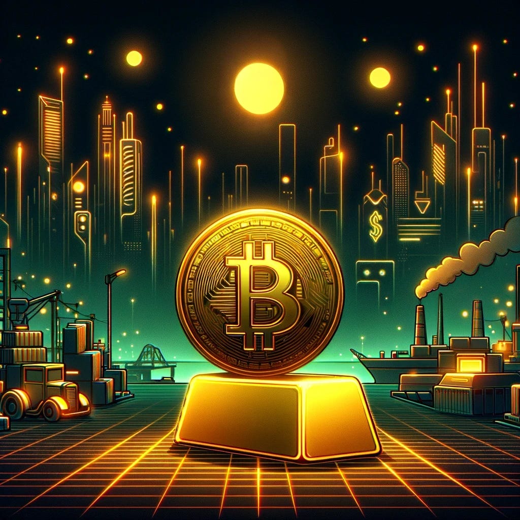 In a simplified cyberpunk style, depict a scene where Bitcoin is represented as a single digital coin hovering in a futuristic, neon-lit city. In the foreground, a glowing gold bar symbolizes gold's dominance as a hedge against geopolitical instability. The background features minimal industrial elements, such as smoke and a distant port, but with fewer details to create a cleaner composition. The sky is dark with scattered neon lights, giving a dystopian, but less cluttered feel. Keep the focus on the contrast between the gold bar and the struggling Bitcoin symbol. Remove any unnecessary elements or distractions.