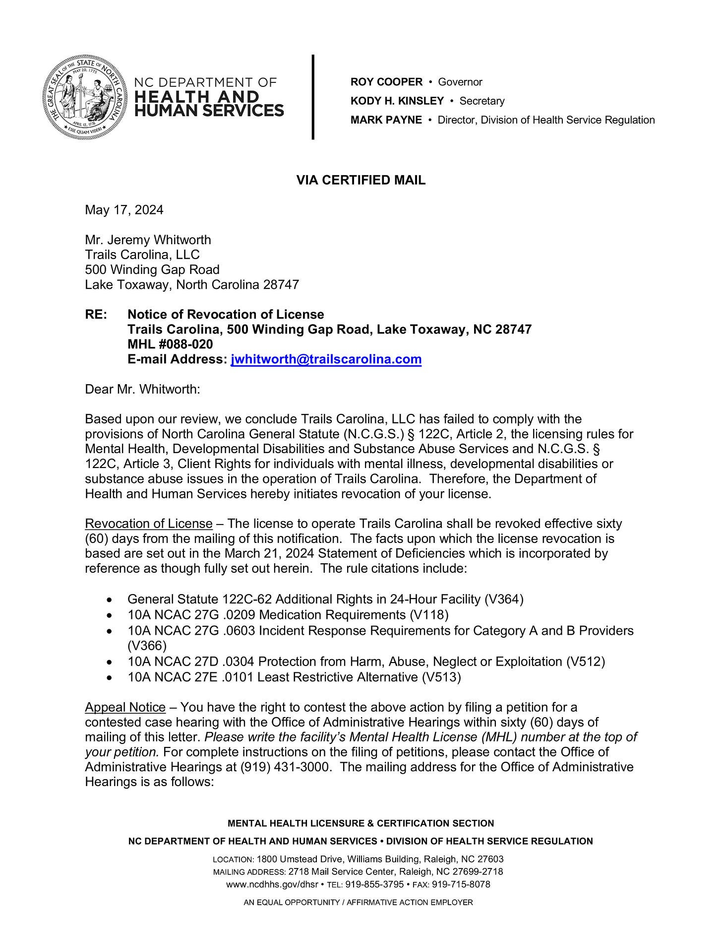 The first page of the "NC DEPARTMENT OF HEALTH AND HUMAN SERVICES" letter initiating the revocation of Trails Carolina's license (full P.D.F. is available at the bottom of this article)