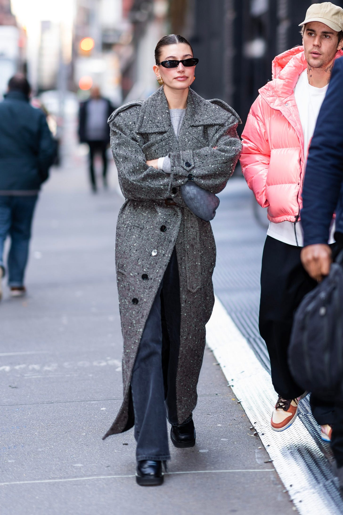 Hailey Bieber in a lowkey coat that nonetheless makes a statement.