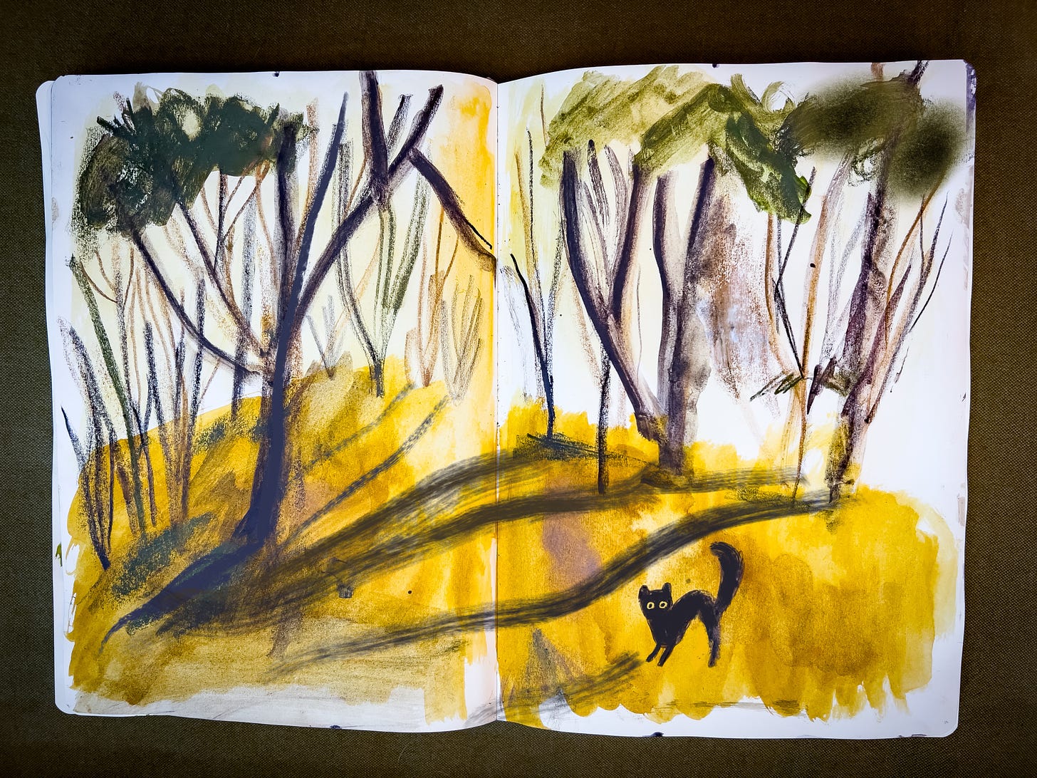 Sketchbook illustration of a black cat in a forest by Beth Spencer