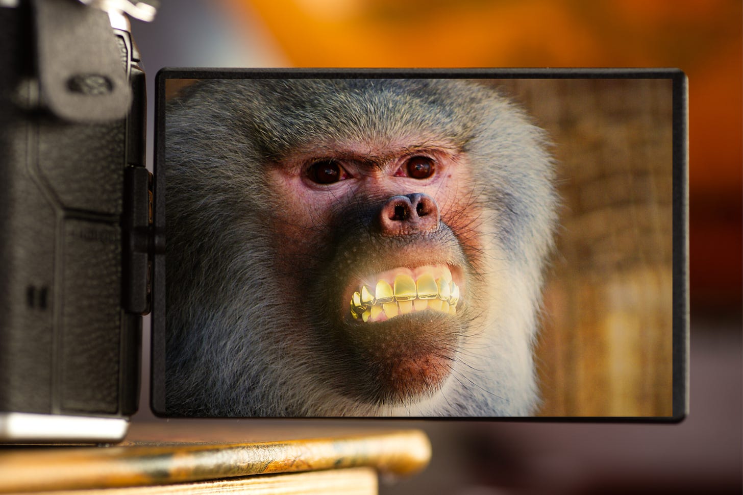 A photo preview of a smiling monkey with golden teeth on a camera screen.