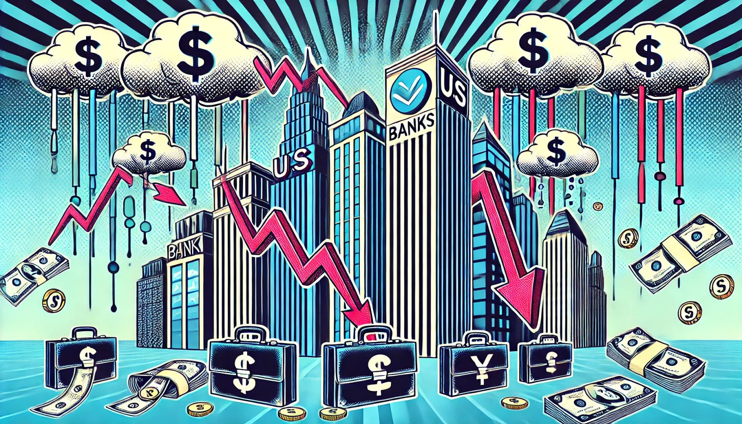 A stylized pop-art style image depicting the US banking sector starting its earnings season with lower profits. The image shows tall skyscrapers representing major US banks with downward-pointing arrows and financial charts signaling declining profits. Bank logos are replaced by generic symbols, and briefcases with falling dollar bills surround the scene. In the sky, clouds shaped like graphs and symbols of loss further emphasize the financial downturn. The design maintains sharp lines and vibrant colors, aligned with the visual style we've been using.