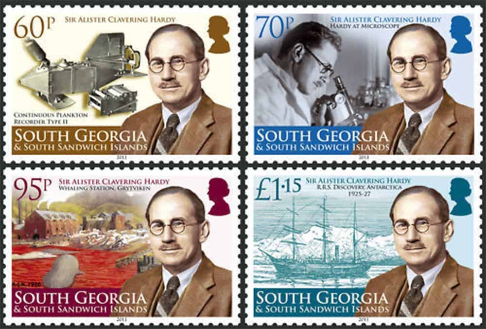 Four postal stamps from South Georgia and South Sandwich Islands showing portrait of Alister Hardy with vignettes of scientific work Four postal stamps from South Georgia and South Sandwich Islands showing portrait of Alister Hardy with vignettes of scientific work