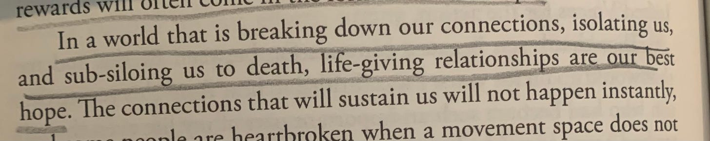 Highlighted passage in a book discussing life-giving relationships as best hope. Highlighted passage in a book discussing life-giving relationships as best hope.