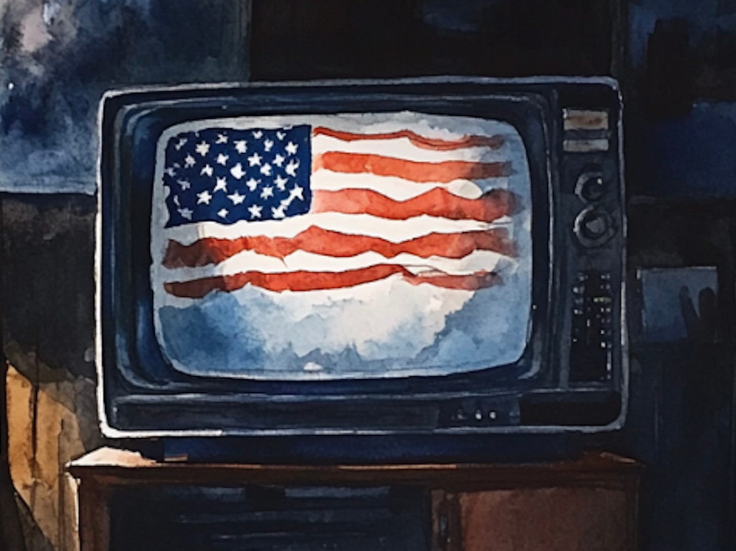 watercolor of an old-fashioned TV broadcasting a waving American flag