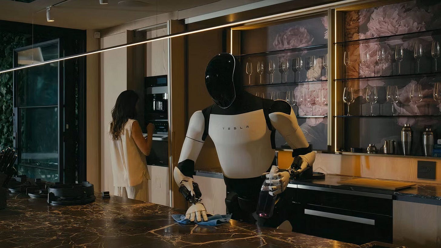 Tesla Optimus cleaning a kitchen slab