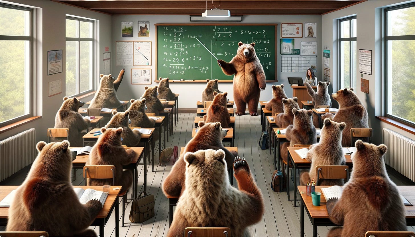 A classroom full of grizzly bears. The bears are sitting at desks, some with books open, others raising their paws as if answering questions. The classroom has a chalkboard at the front with math and science equations written on it. There are educational posters on the walls and windows letting in natural light. The teacher bear stands at the front of the class, wearing glasses and pointing at the chalkboard.