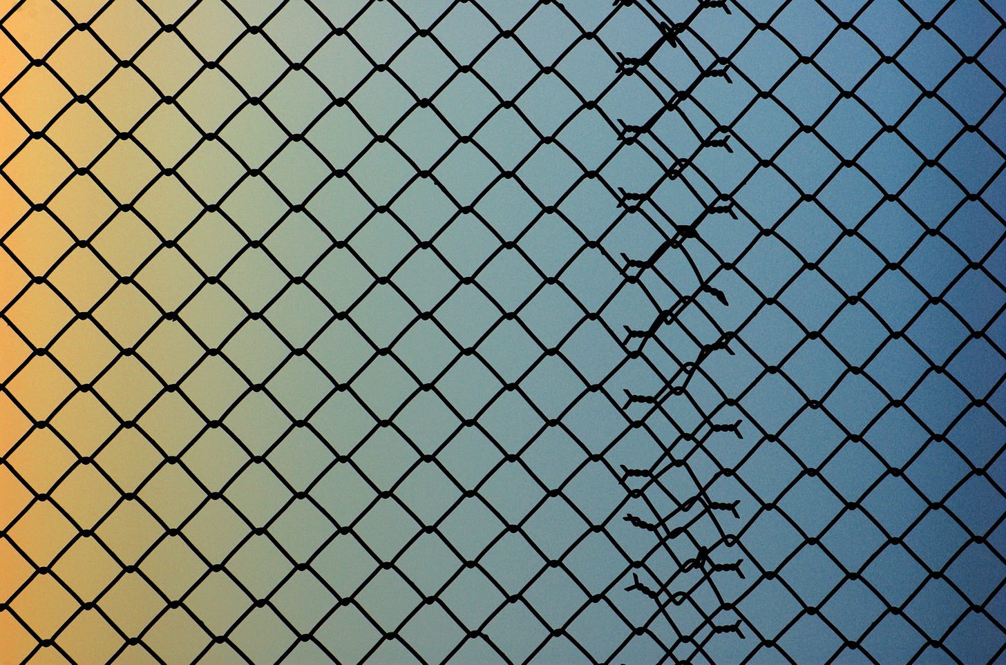 Overlapping chain link fences with a blue background gradient fading to yellow.