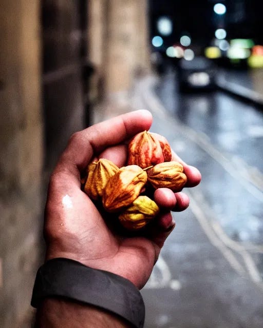 On a dark, rain-soaked London street, a hand holds two walnuts