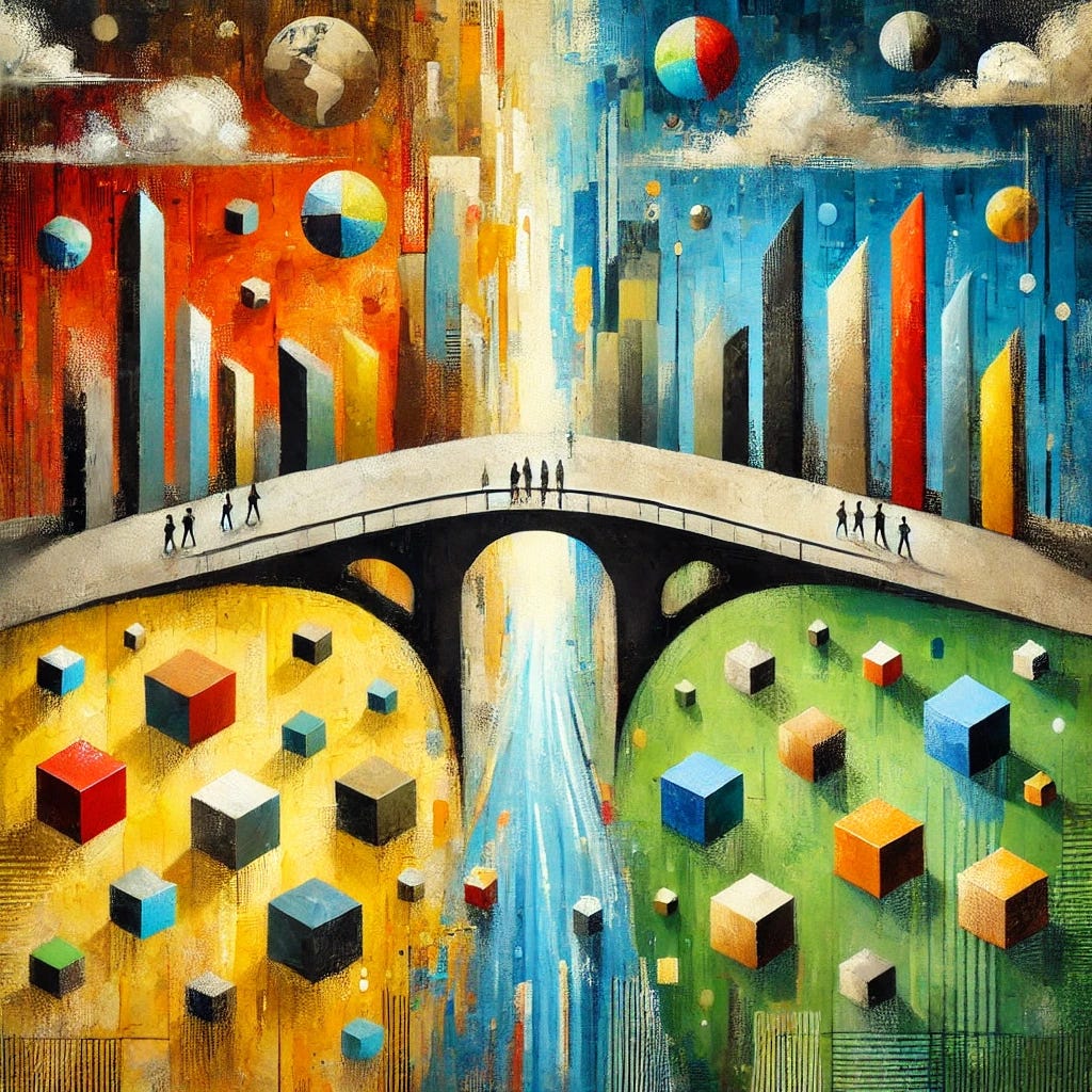 An abstract, playful painting representing the concept of economic disparity between rich and poor countries. The focal point is a large, abstract shape symbolizing a broken bridge, with one side elevated and brightly colored, symbolizing wealth and growth, while the other side is lower, darker, representing stagnation and poverty. Surrounding this central object, simple geometric shapes in bright, optimistic colors—yellows, reds, and blues—are scattered on one side, while the other has more muted tones of brown and grey. The background uses varying shades of green, blue, and black to suggest a global perspective, with lively brushstrokes creating texture and dynamism. The overall flatness and simplicity evoke a sense of both connection and division.