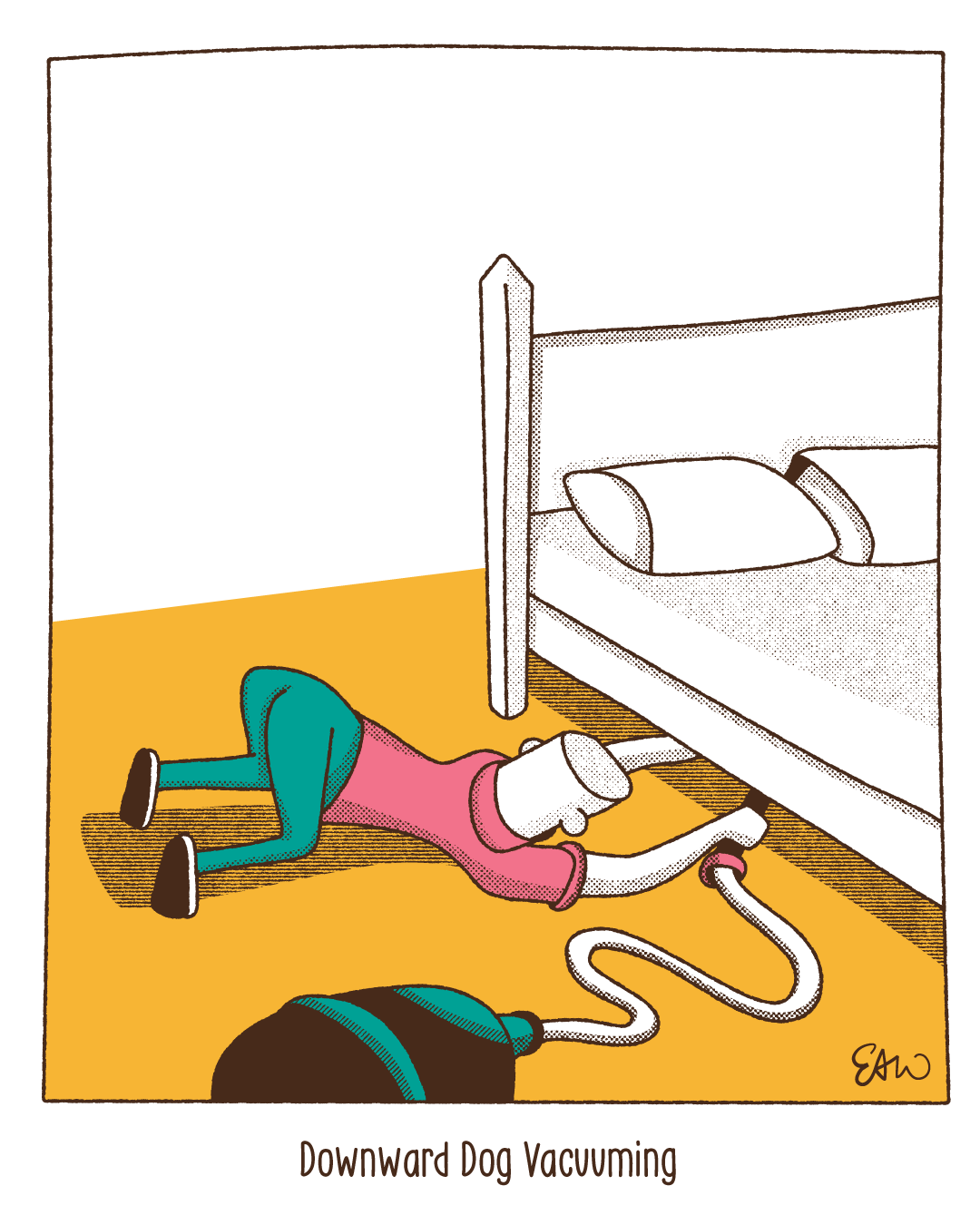 Illustration of a person vacuuming under a bed with a caption that reads Downward Dog Vacuuming.