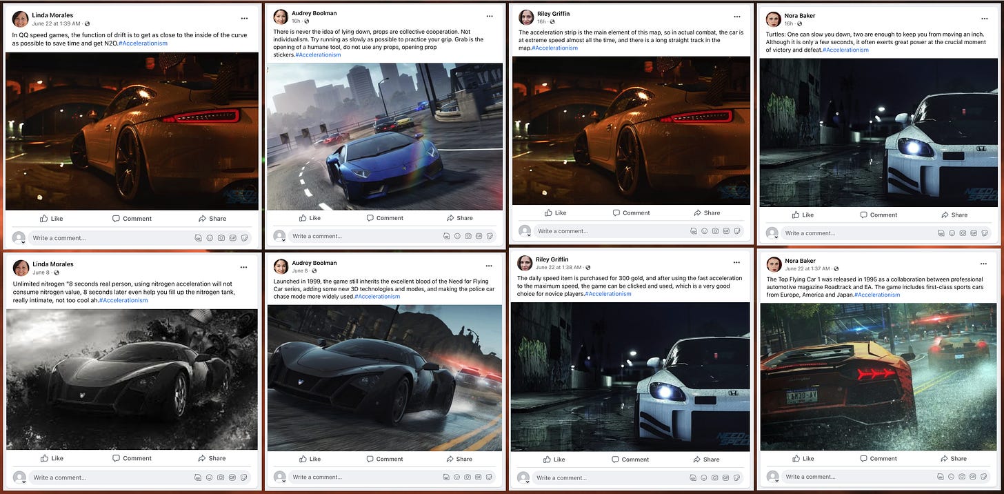 screenshots of "Need for Speed" #Accelerationism spam on Facebook from accounts with GAN-generated faces