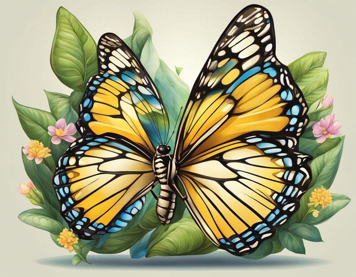 A butterfly emerging from a chrysalis, symbolizing personal transformation and spiritual growth. The butterfly spreads its wings, embracing sanctification and wholeness