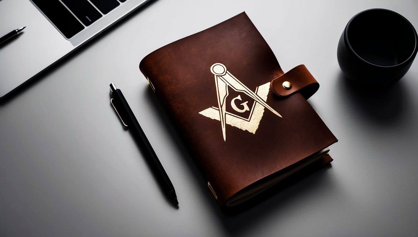 a leather journal on a desk with the Masonic Square & Compass symbol embossed in gold leaf on the cover. Simple layout, Clickbait-style composition, aggressive visuals. Crank up color and contrast overall for attention-grabbing thumbnail.