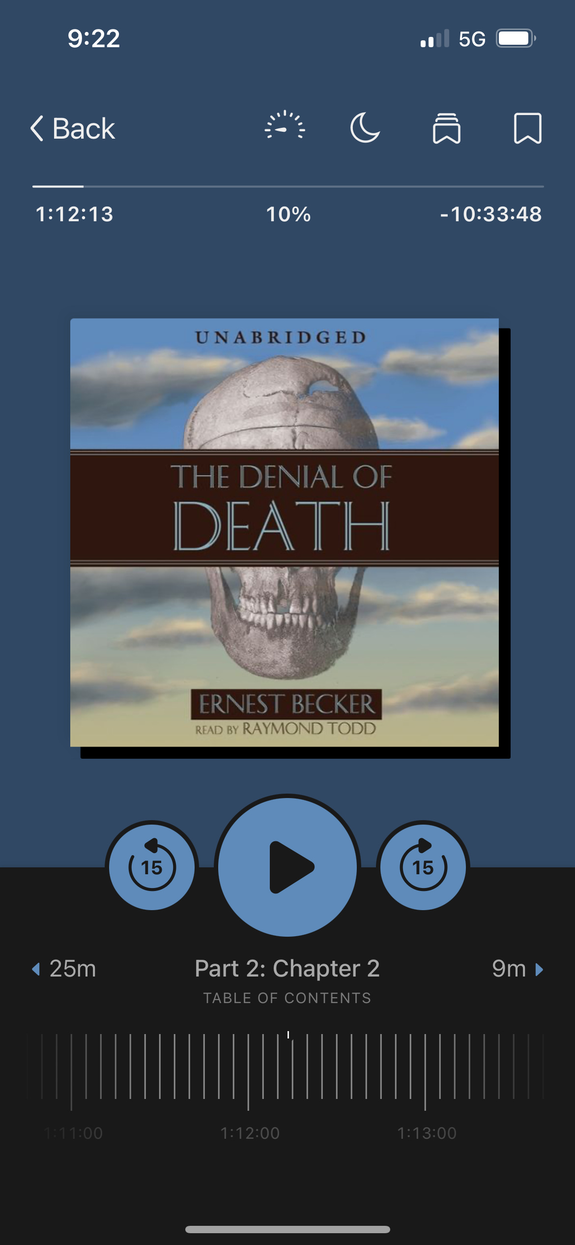 screen capture of the audiobook "The Denial of Death" by Ernest Becker from the Libby App