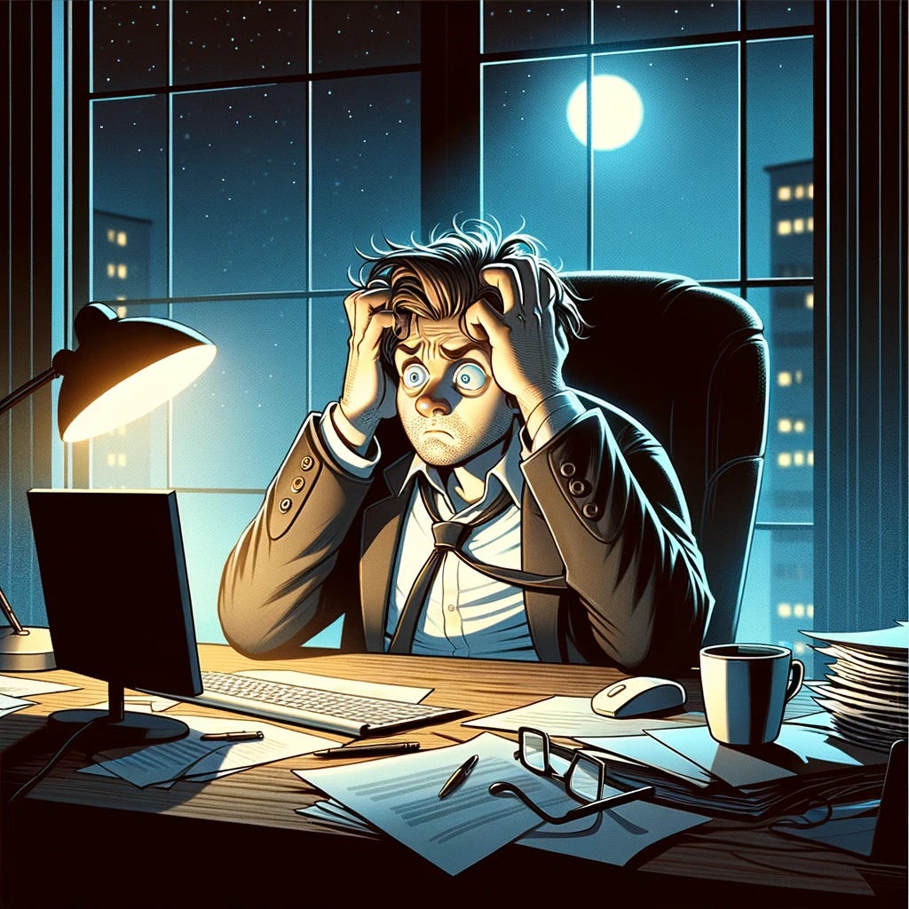 A cartoon-style depiction of an entrepreneur alone at his desk at night, showing a moment of intense stress. The scene is set in a dimly lit office, with the glow of a computer screen casting light on the entrepreneur. He is sitting at his desk, surrounded by papers and a coffee cup, looking overwhelmed. His hands are in his hair, pulling slightly, illustrating the metaphor of 'tearing one's hair out' in frustration. The entrepreneur's expression is one of exasperation and fatigue, highlighting the mental strain. The night setting adds a sense of isolation and intensity to the scene, emphasizing the entrepreneur's solitary struggle with challenges.